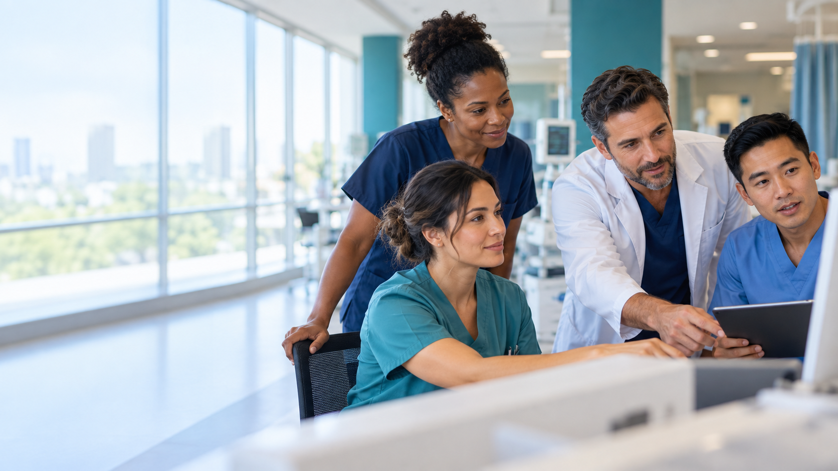 Profissionais de saúde colaborando em um hospital