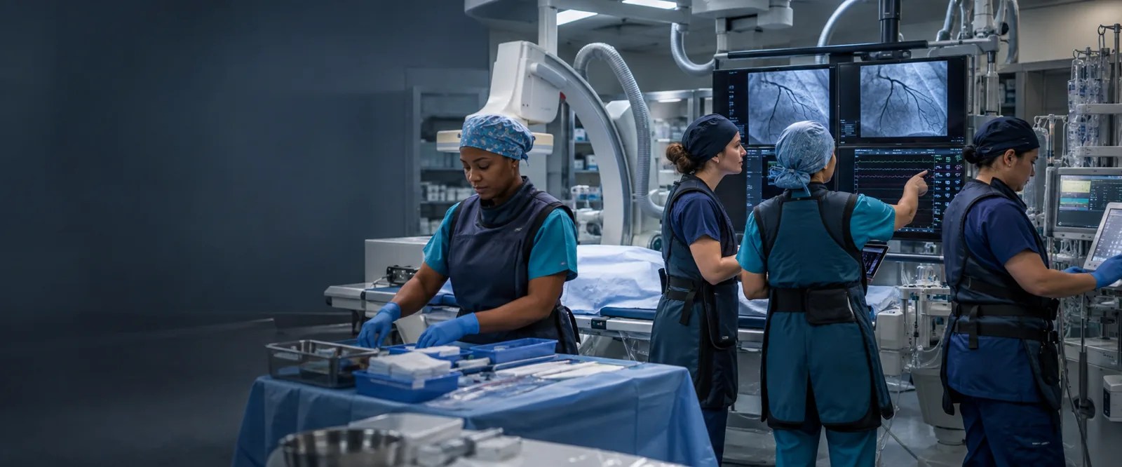 Four cath lab nurses preparing equipment and reviewing cardiac imaging in a modern hospital catheterization laboratory.