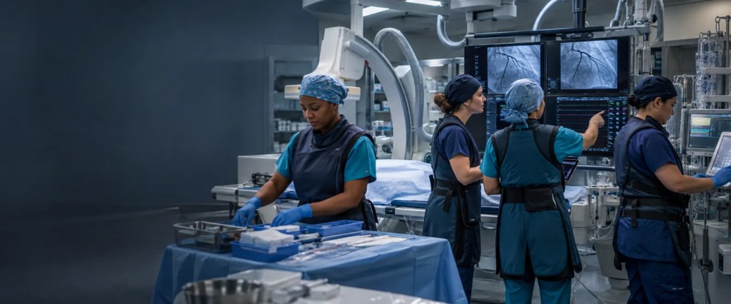 Four cath lab nurses preparing equipment and reviewing cardiac imaging in a modern hospital catheterization laboratory.