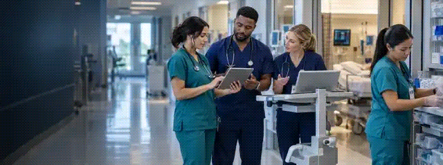 A diverse team of nurses collaborating beside a mobile workstation in a modern hospital corridor.